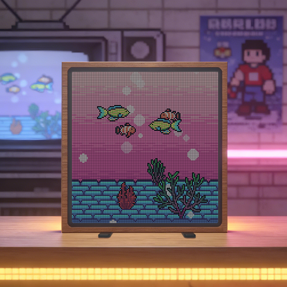 Pixelboard 128x128 LED pixel art display with wooden frame showing retro 8-bit artwork on living room sideboard next to sofa