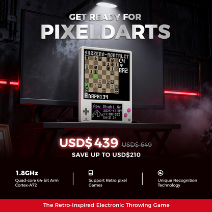 Pixeldarts retro electronic throwing game wall-mounted with 128x128 LED pixel display showing retro game with sensor darts and D-pad controls