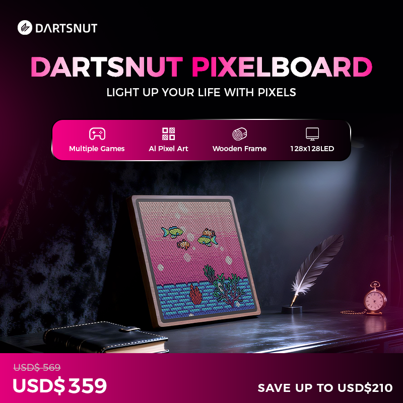 Pixelboard 128x128 LED pixel art display with wooden frame showing retro 8-bit artwork on living room sideboard next to sofa