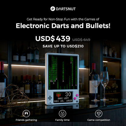 Red Pixeldarts sensor darts sticking to 128x128 LED pixel art display showing retro pixel donut artwork